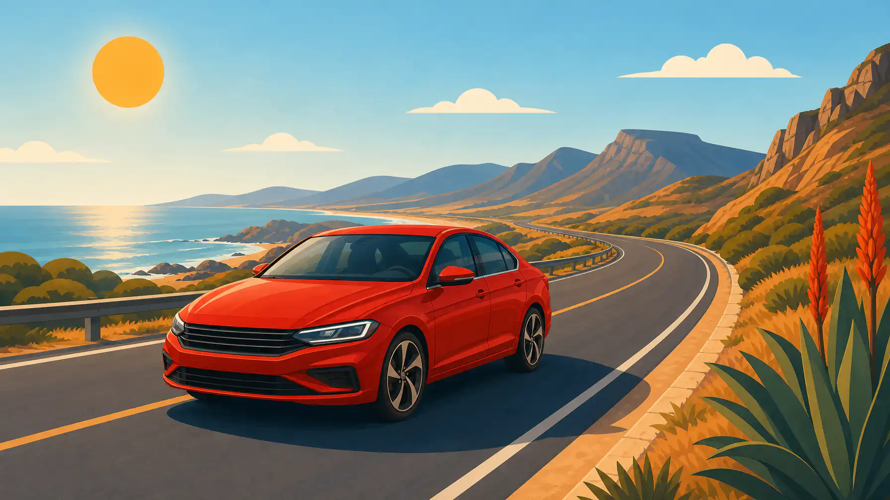Red sedan car on a South African open road illustration