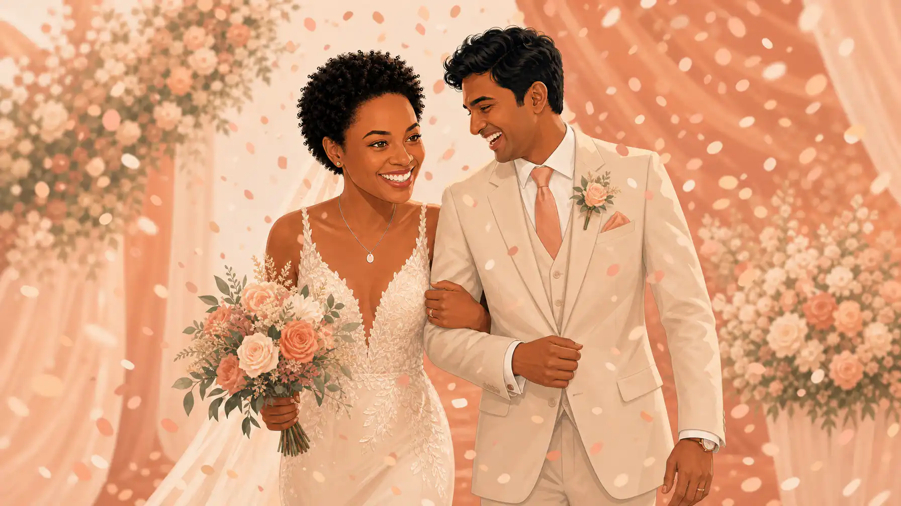 Joyful interracial couple in wedding attire walking with confetti