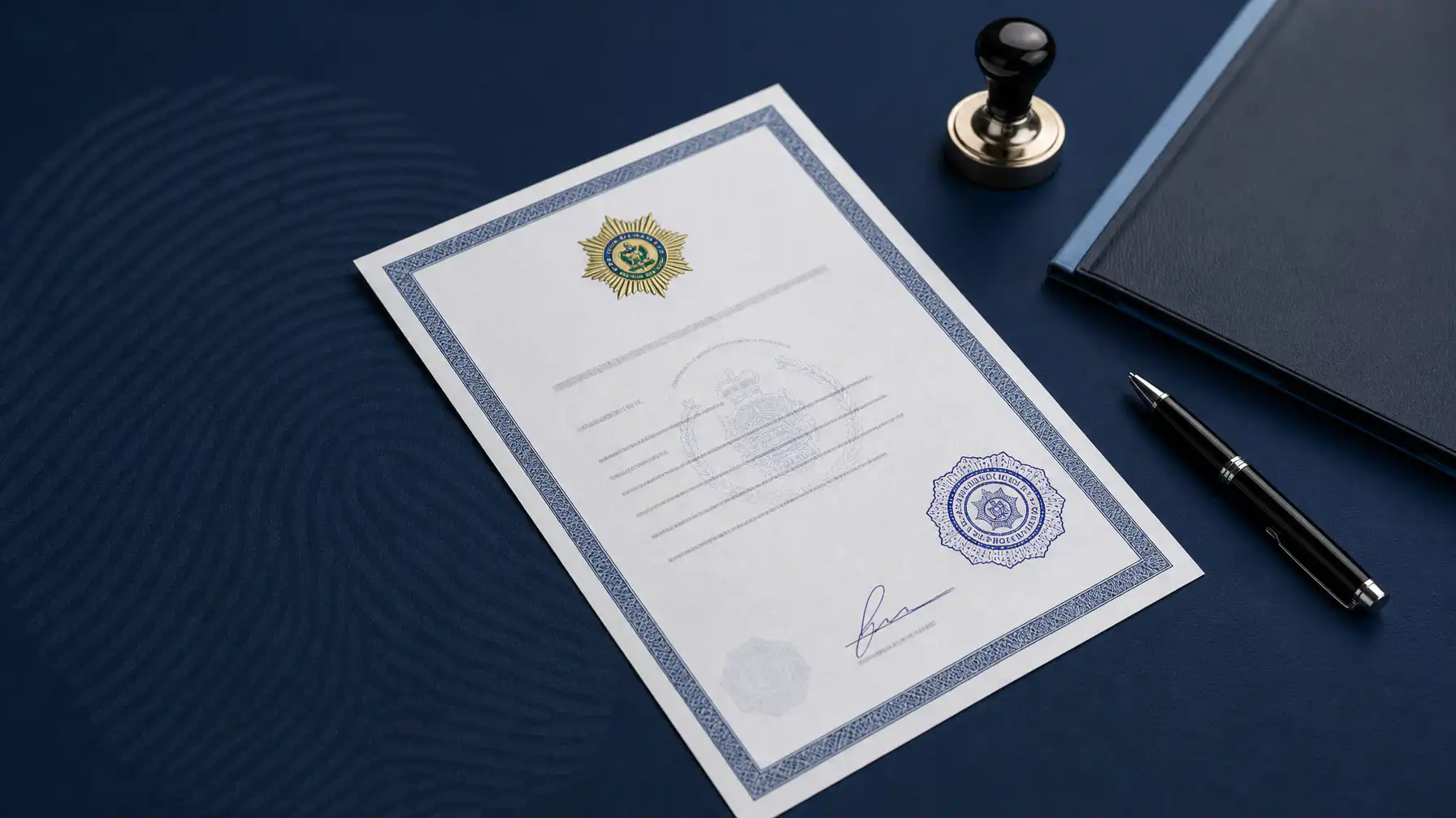 Official stamped certificate on a dark navy desk representing a South African Police Clearance Certificate