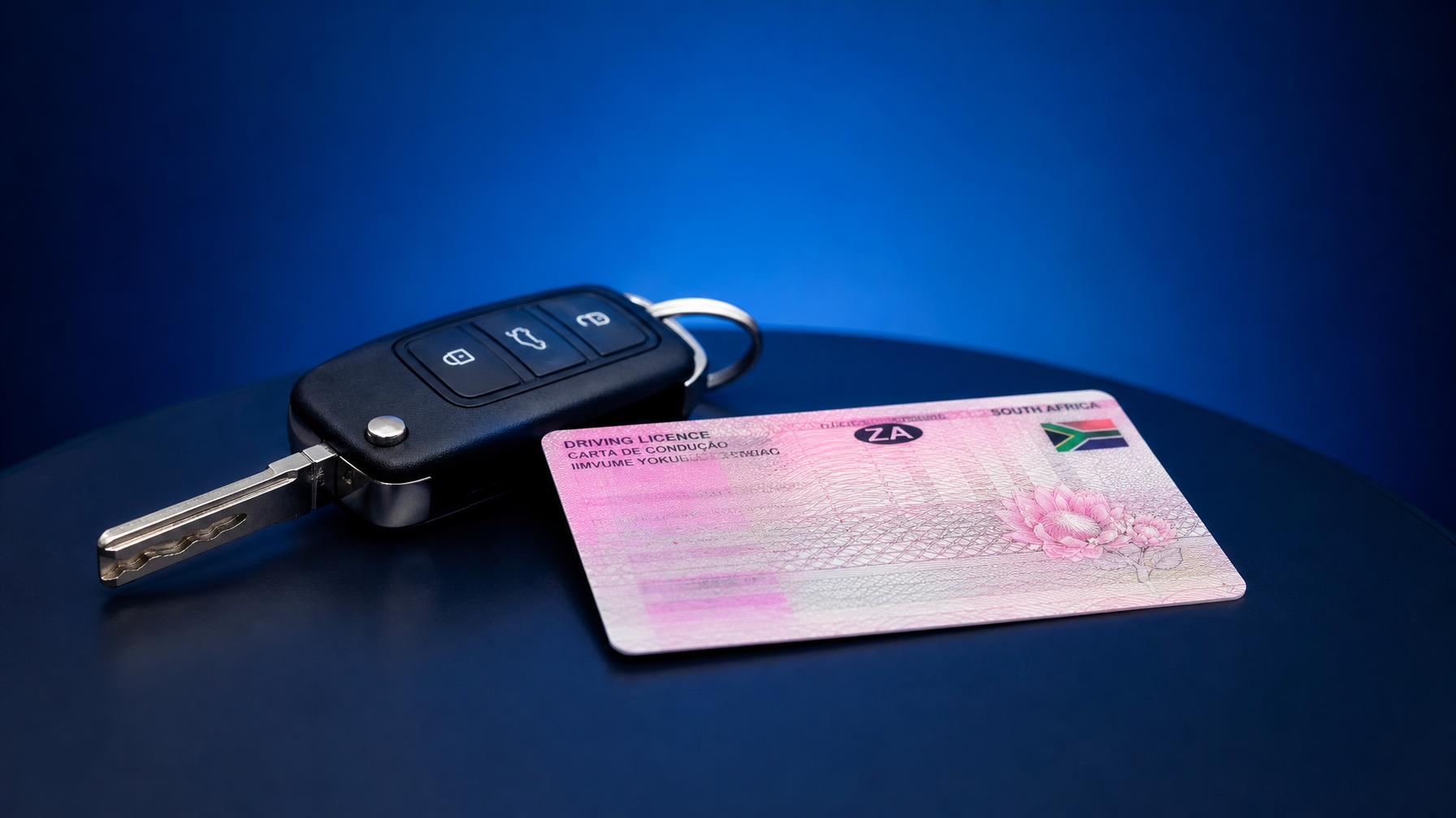 South African driver's licence card next to a car key on a dark navy surface