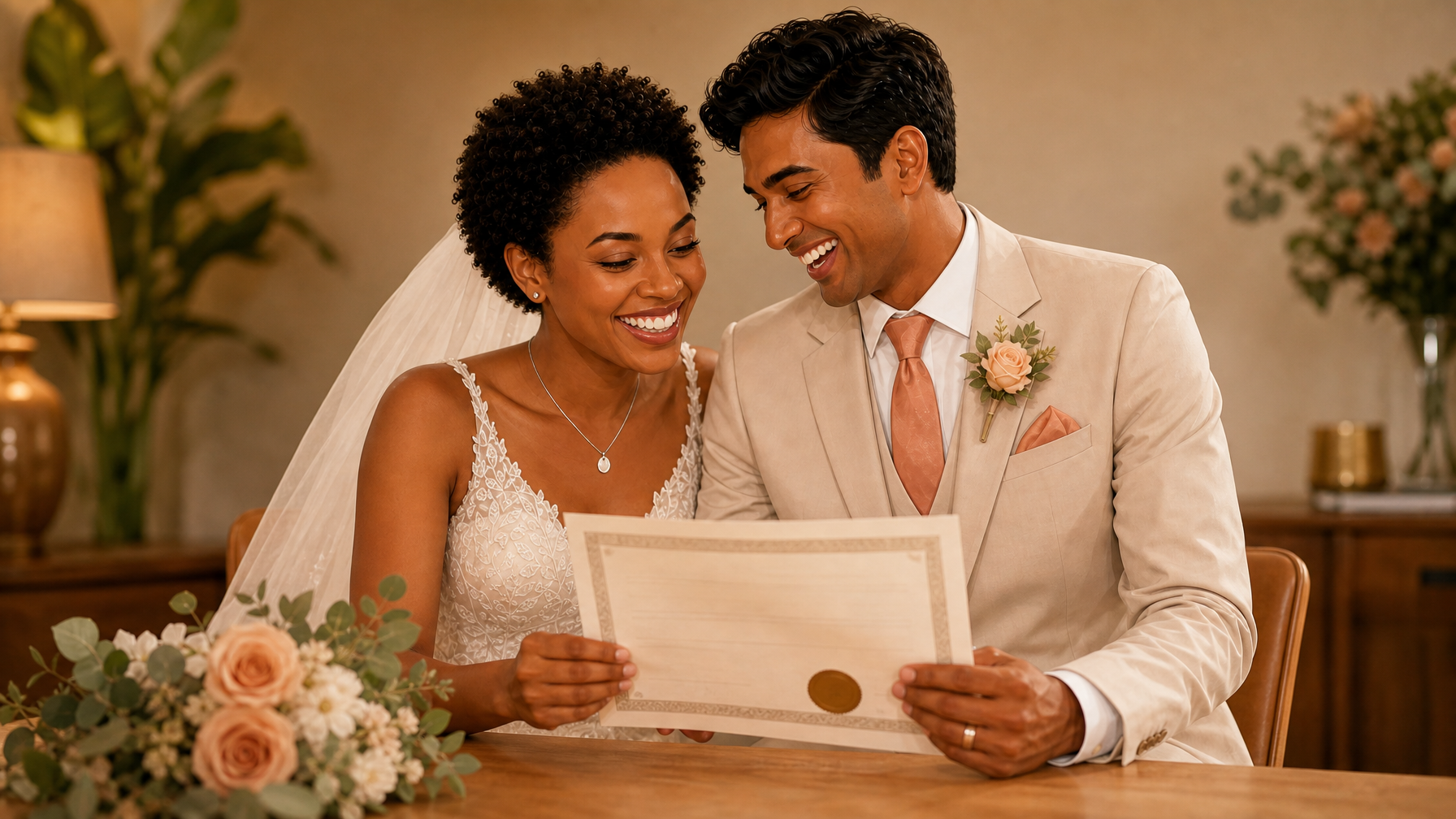 Happy South African couple with marriage certificate documents